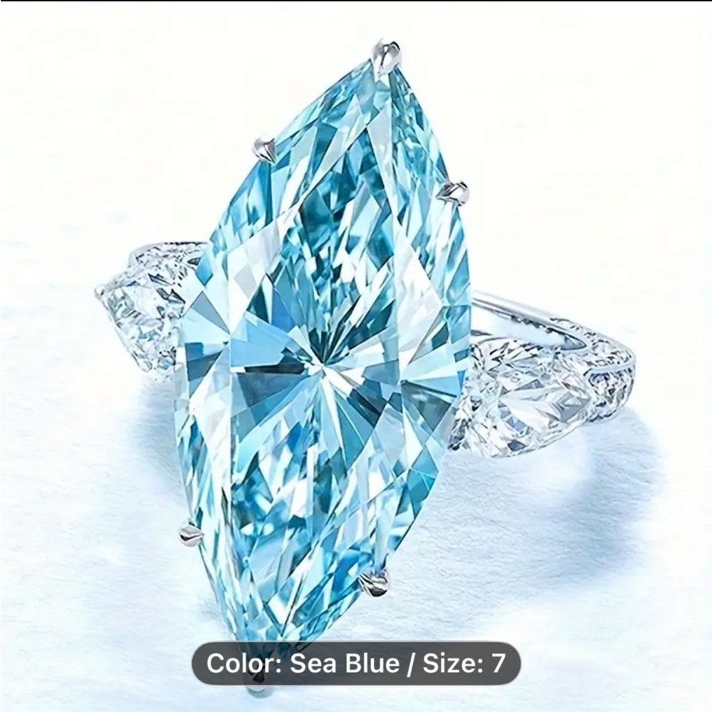 Marquise Cut Sea Blue aquamarine Ring with Silver Band